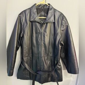 Ladies Vintage Outbrook Leather Black Trench Belt Coat Jacket XL 16W/18W Womens.